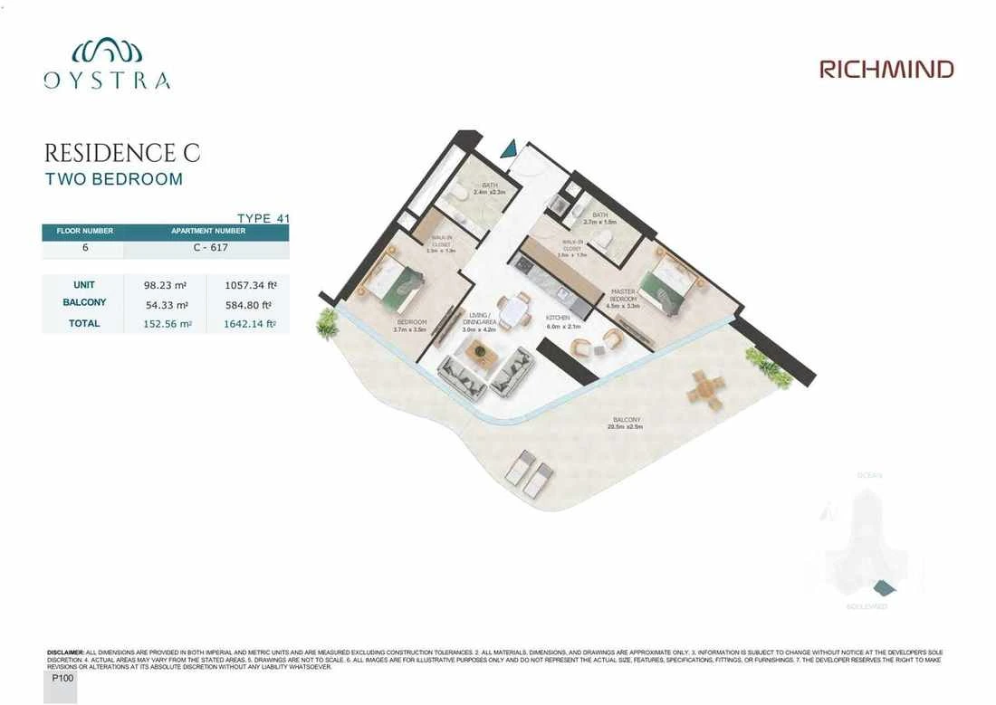 Oystra 2-bedroom Type 41 apartment, Apartment C-617, Floor 6, Residence C, 1,642.14 sq ft floor plan.