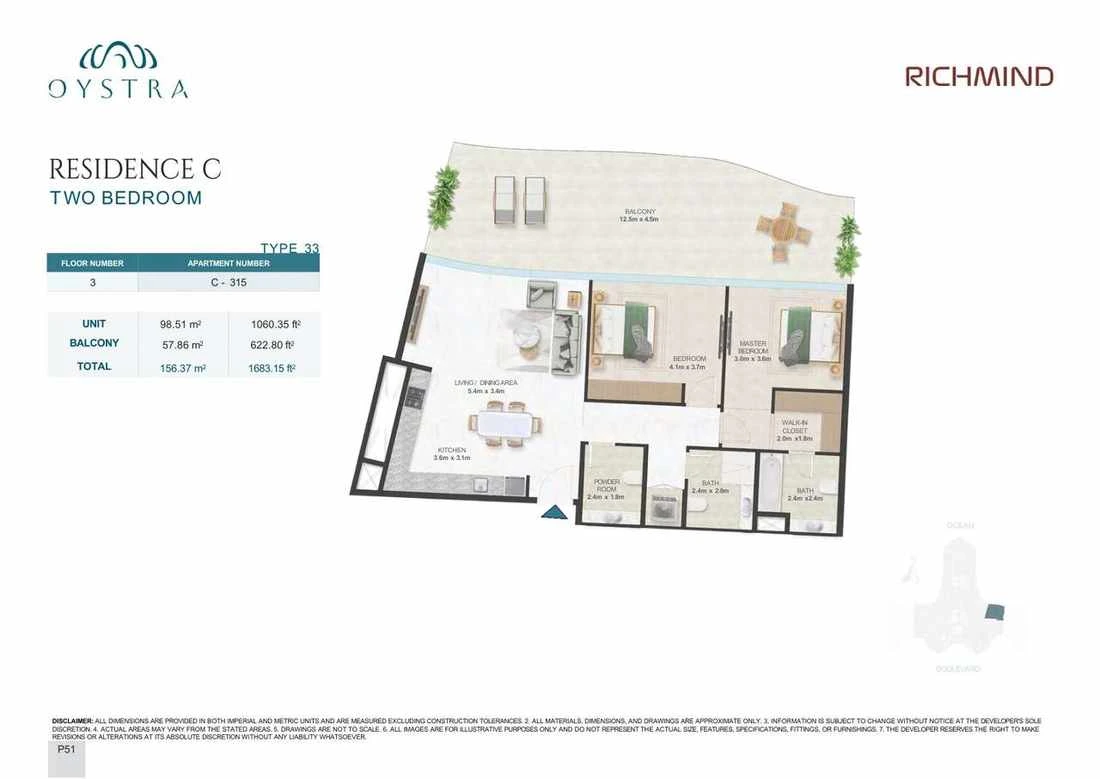 Oystra 2-bedroom Type 33 apartment, Apartment C-315, Floor 3, Residence C, 1,683.15 sq ft floor plan.
