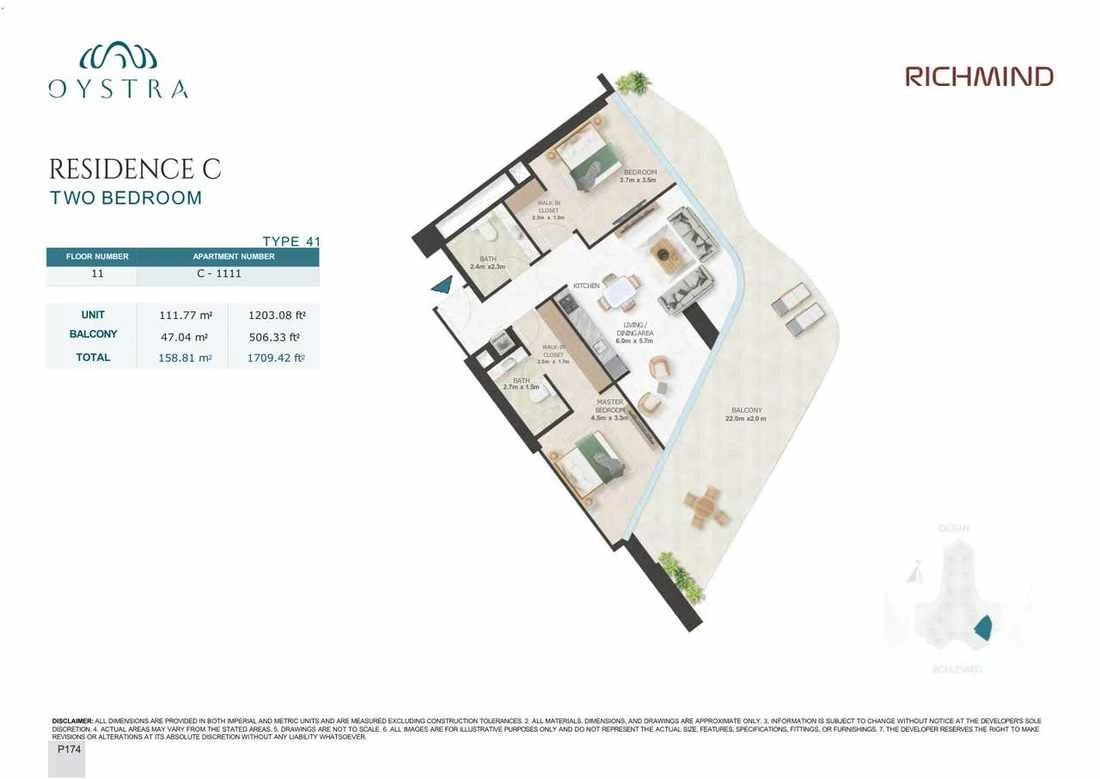 Oystra 2-bedroom Type 41 apartment, Apartment C-1111, Floor 11, Residence C, 1,709.42 sq ft floor plan.
