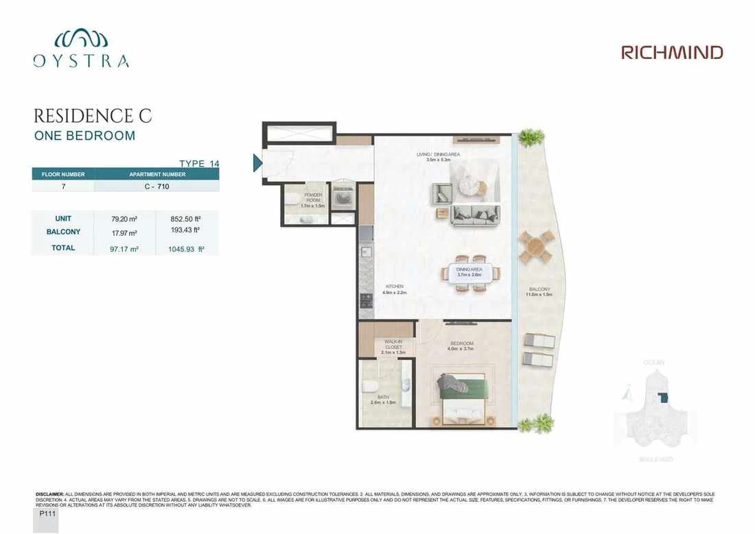 Oystra 1-bedroom Type 14 apartment, Apartment C-710, Floor 7, Residence C, 1,045.93 sq ft floor plan.