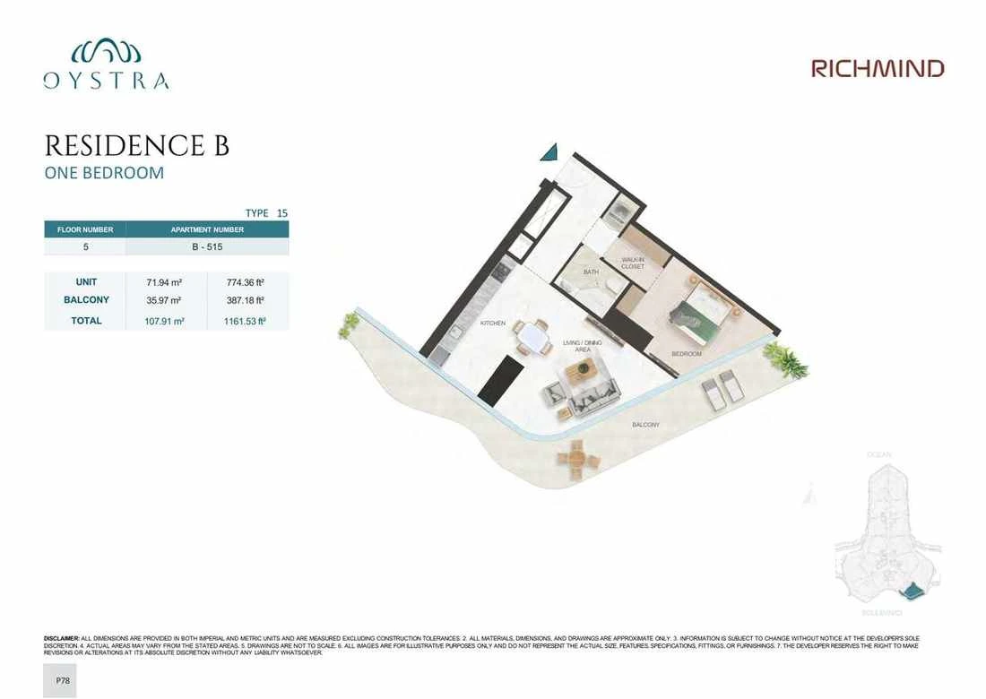 Oystra 1-bedroom Type 15 apartment, Apartment B-515, Floor 5, Residence B, 1,161.53 sq ft floor plan.