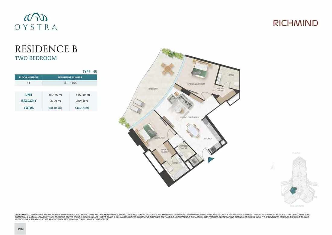 Oystra 2-bedroom Type 45 apartment, Apartment B-1104, Floor 11, Residence B, 1,442.79 sq ft floor plan.