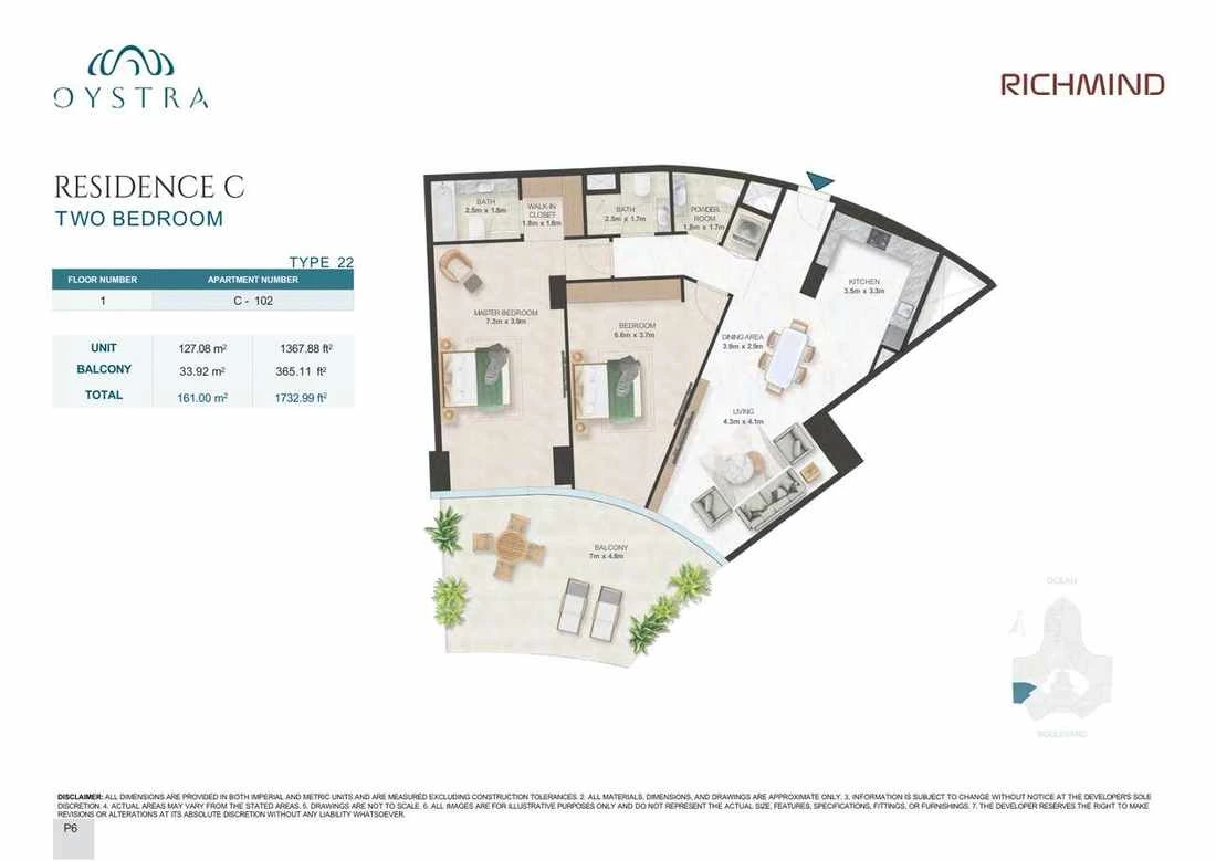 Oystra 2-bedroom Type 22 apartment, Apartment C-102, Floor 1, Residence C, 1,732.99 sq ft floor plan.