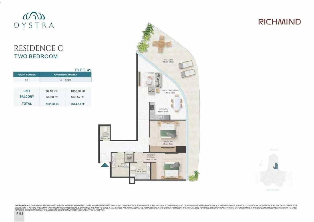 Oystra 2-bedroom Type 49 apartment, Apartment C-1207, Floor 12, Residence C, 1,644.51 sq ft floor plan.