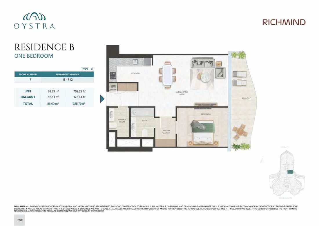 Oystra 1-bedroom Type 8 apartment, Apartment B-712, Floor 7, Residence B, 925.70 sq ft floor plan.
