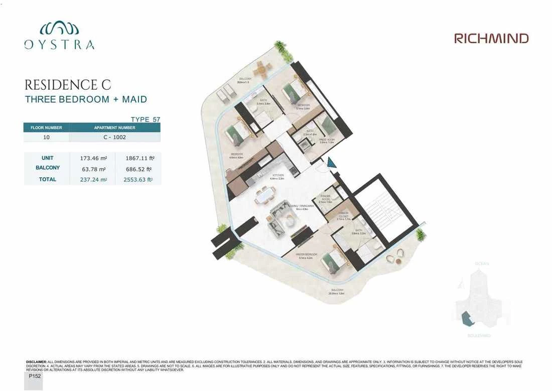 Oystra 3-bedroom Type 57 apartment with maid's room, Apartment C-1002, Floor 10, Residence C, 2,553.63 sq ft floor plan.
