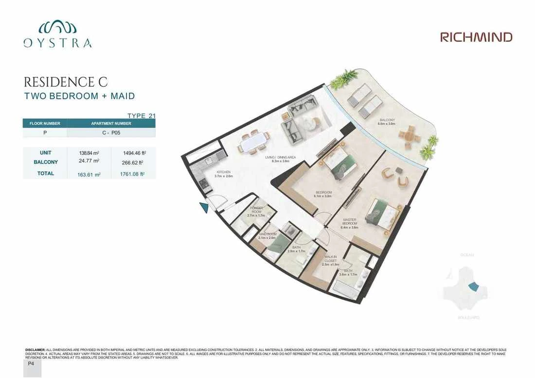 Oystra 2-bedroom Type 21 apartment with maid's room, Apartment C-P05, Podium, Residence C, 1,761.08 sq ft floor plan.