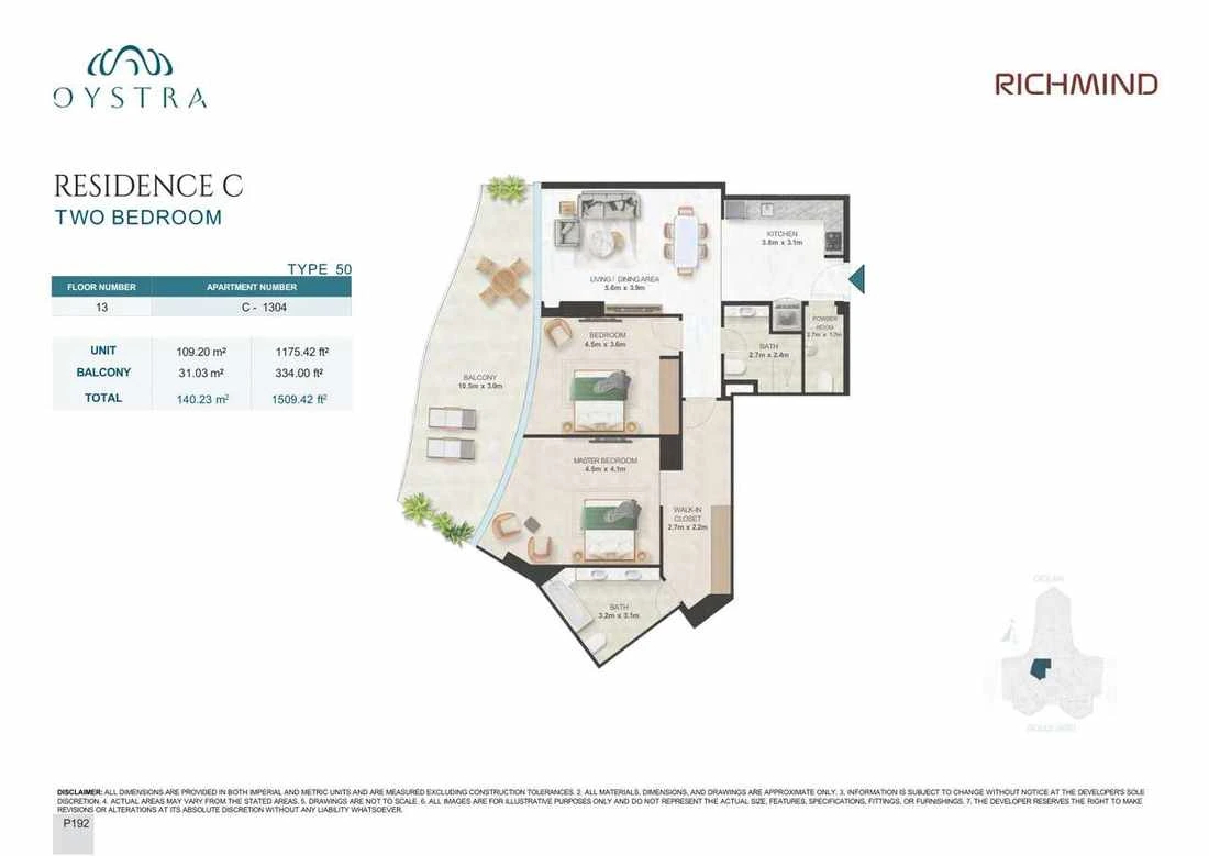 Oystra 2-bedroom Type 50 apartment, Apartment C-1304, Floor 13, Residence C, 1,509.42 sq ft floor plan.