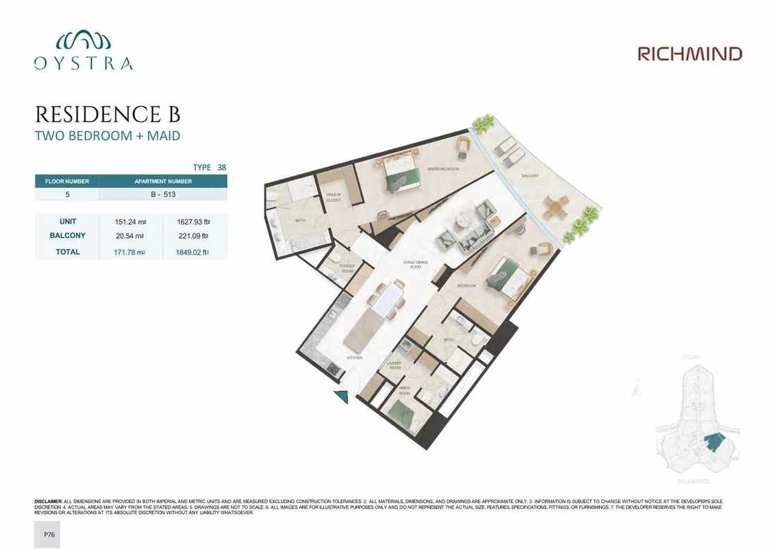 Oystra 2-bedroom Type 38 apartment with maid's room, Apartment B-513, Floor 5, Residence B, 1,849.02 sq ft floor plan.