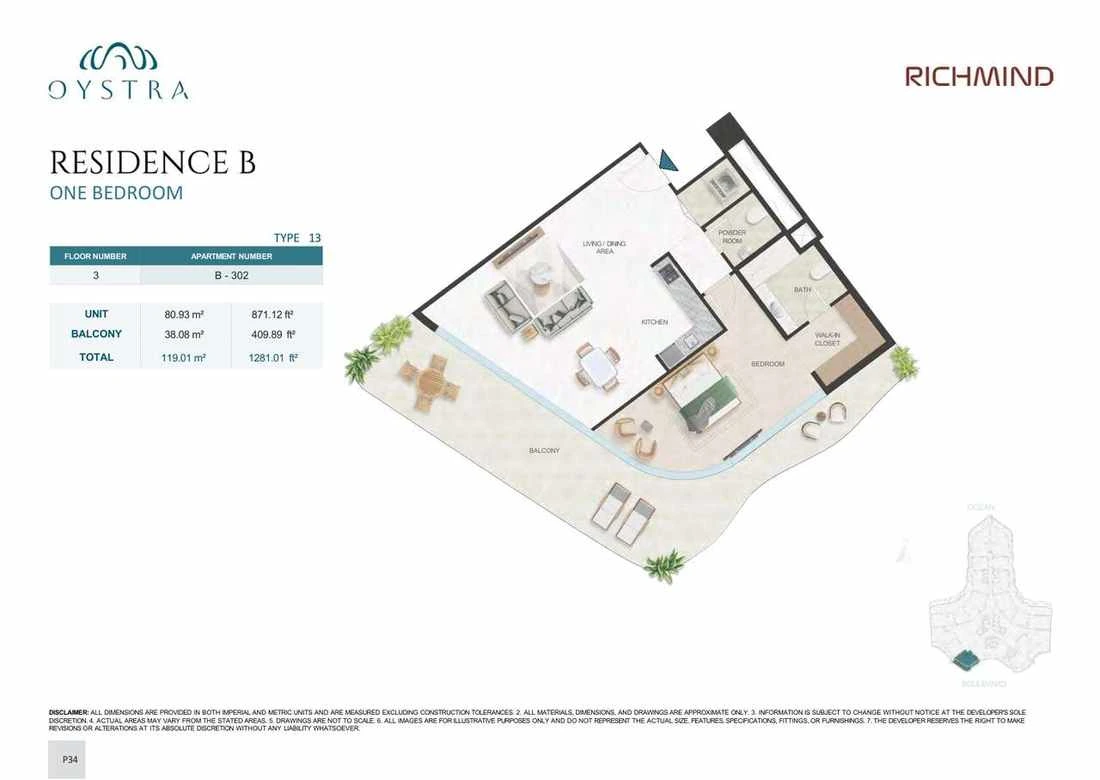 Oystra 1-bedroom Type 13 apartment, Apartment B-302, Floor 3, Residence B, 1,281.01 sq ft floor plan.