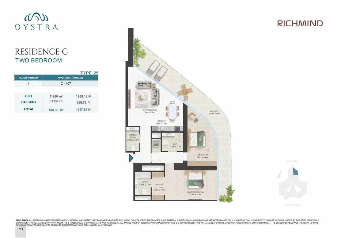 Oystra 2-bedroom Type 25 apartment, Apartment C-107, Floor 1, Residence C, 1,947.84 sq ft floor plan.