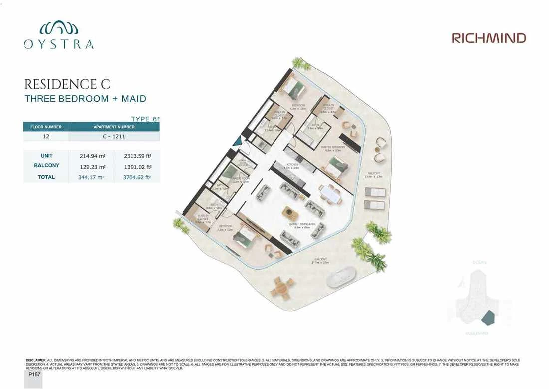 Oystra 3-bedroom Type 61 apartment with maid's room, Apartment C-1211, Floor 12, Residence C, 3,704.62 sq ft floor plan.