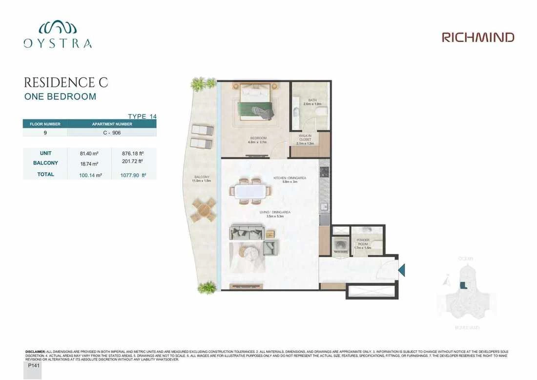 Oystra 1-bedroom Type 14 apartment, Apartment C-906, Floor 9, Residence C, 1,077.90 sq ft floor plan.
