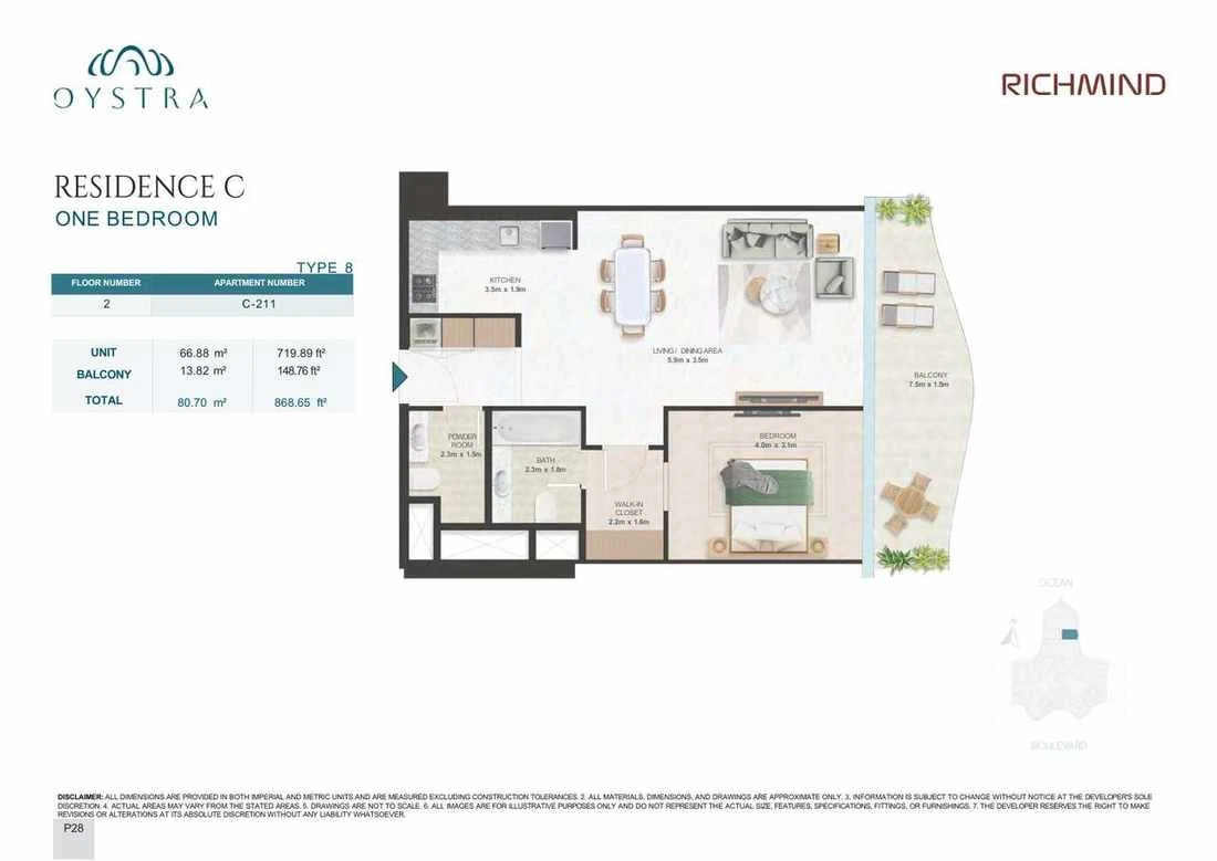 Oystra 1-bedroom Type 8 apartment, Apartment C-211, Floor 2, Residence C, 868.65 sq ft floor plan.