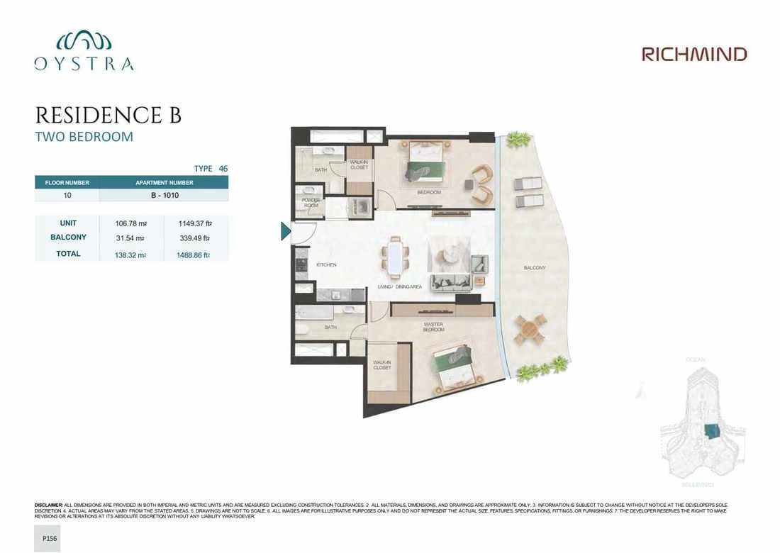 Oystra 2-bedroom Type 46 apartment, Apartment B-1010, Floor 10, Residence B, 1,488.86 sq ft floor plan.