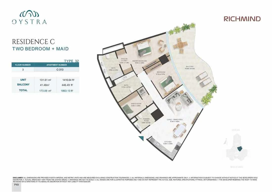 Oystra 2-bedroom Type 32 apartment with maid's room, Apartment C-313, Floor 3, Residence C, 1,863.13 sq ft floor plan.