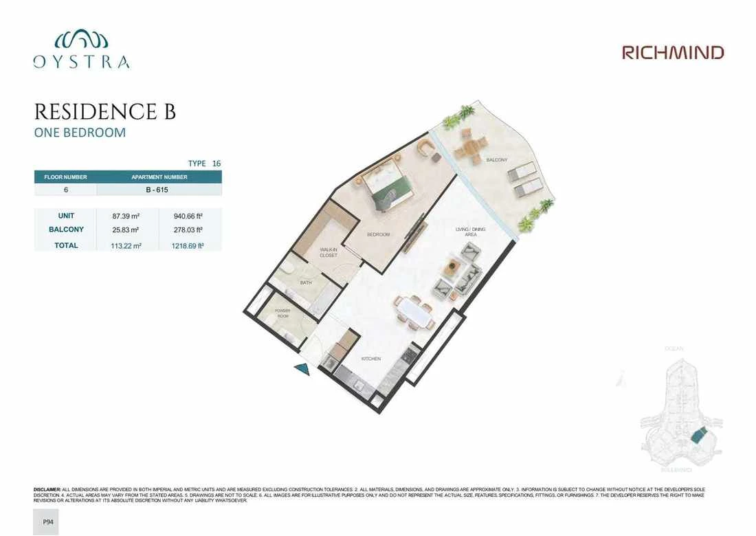 Oystra 1-bedroom Type 16 apartment, Apartment B-615, Floor 6, Residence B, 1,218.69 sq ft floor plan.