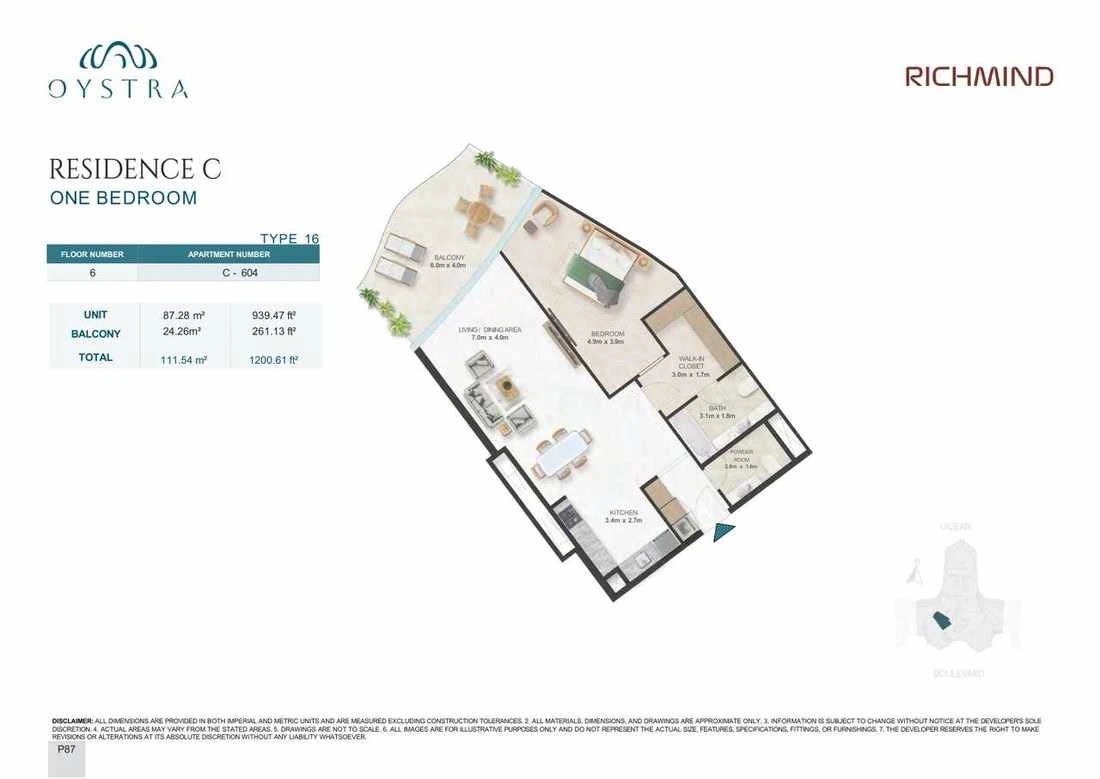 Oystra 1-bedroom Type 16 apartment, Apartment C-604, Floor 6, Residence C, 1,200.61 sq ft floor plan.