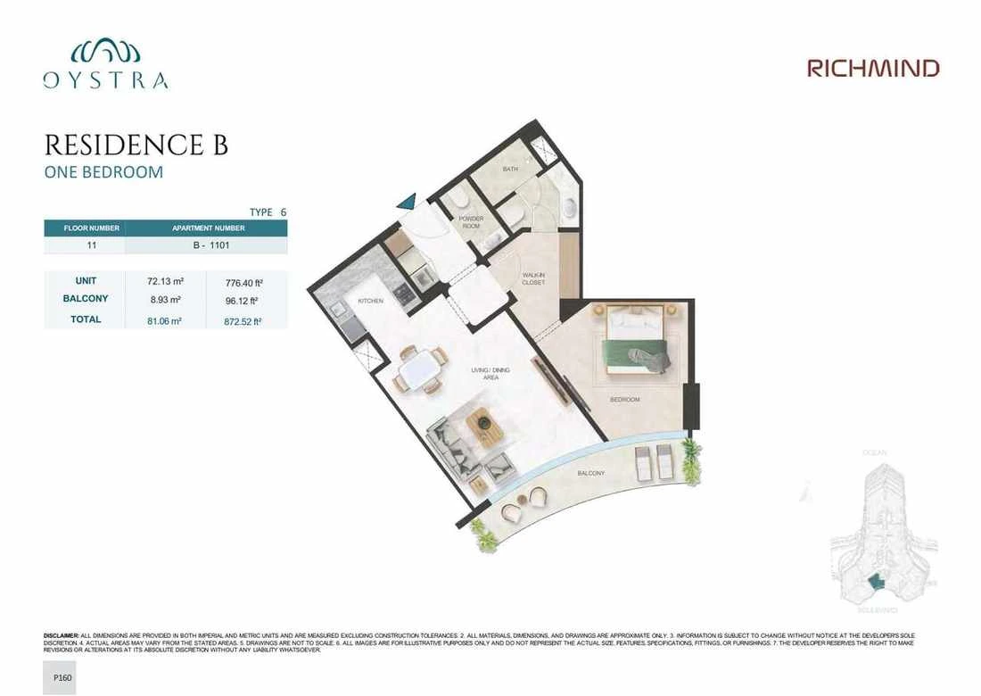 Oystra 1-bedroom Type 6 apartment, Apartment B-1101, Floor 11, Residence B, 872.52 sq ft floor plan.
