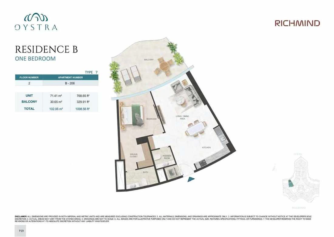 Oystra 1-bedroom Type 7 apartment, Apartment B-206, Floor 2, Residence B, 1,098.56 sq ft floor plan.