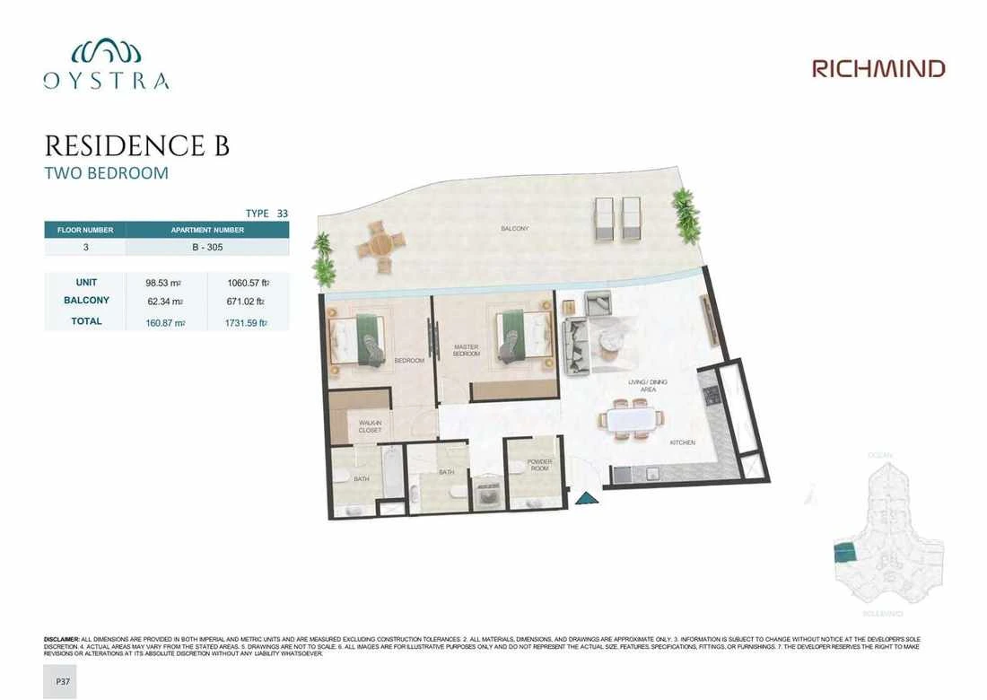 Oystra 2-bedroom Type 33 apartment, Apartment B-305, Floor 3, Residence B, 1,731.59 sq ft floor plan.