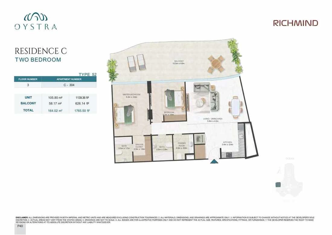 Oystra 2-bedroom Type 52 apartment, Apartment C-304, Floor 3, Residence C, 1,765.50 sq ft floor plan.