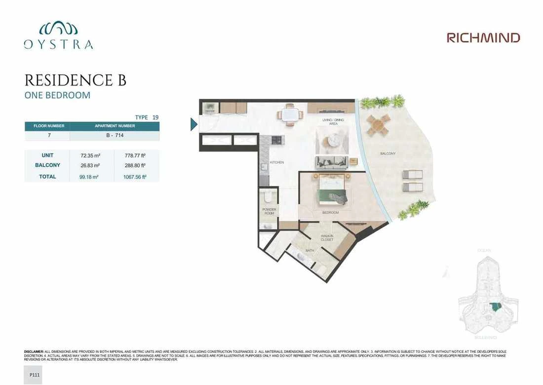 Oystra 1-bedroom Type 19 apartment, Apartment B-714, Floor 7, Residence B, 1,067.56 sq ft floor plan.