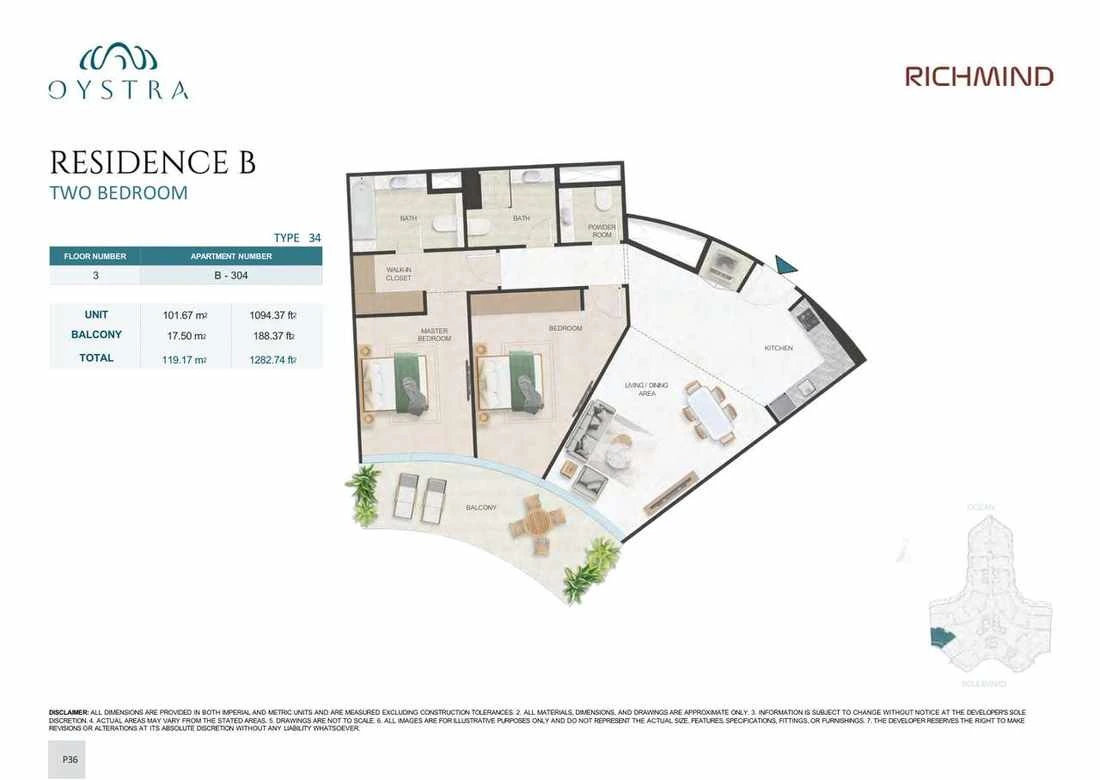 Oystra 2-bedroom Type 34 apartment, Apartment B-304, Floor 3, Residence B, 1,282.74 sq ft floor plan.