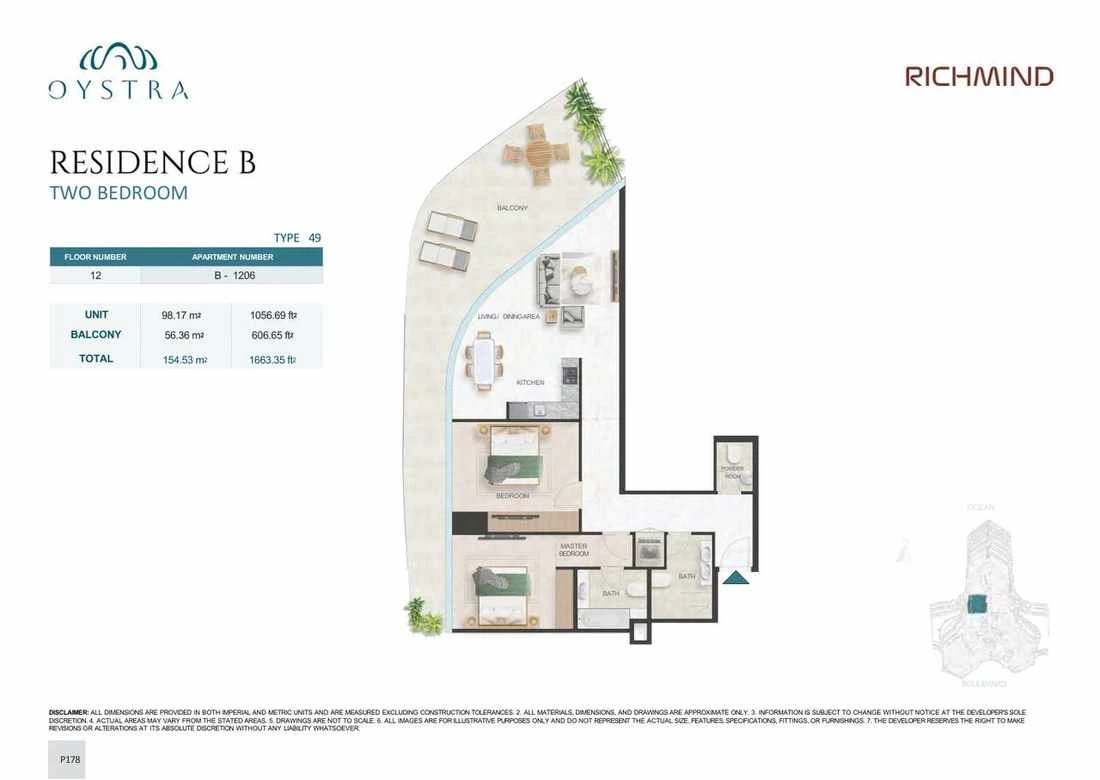 Oystra 2-bedroom Type 49 apartment, Apartment B-1206, Floor 12, Residence B, 1,663.35 sq ft floor plan.