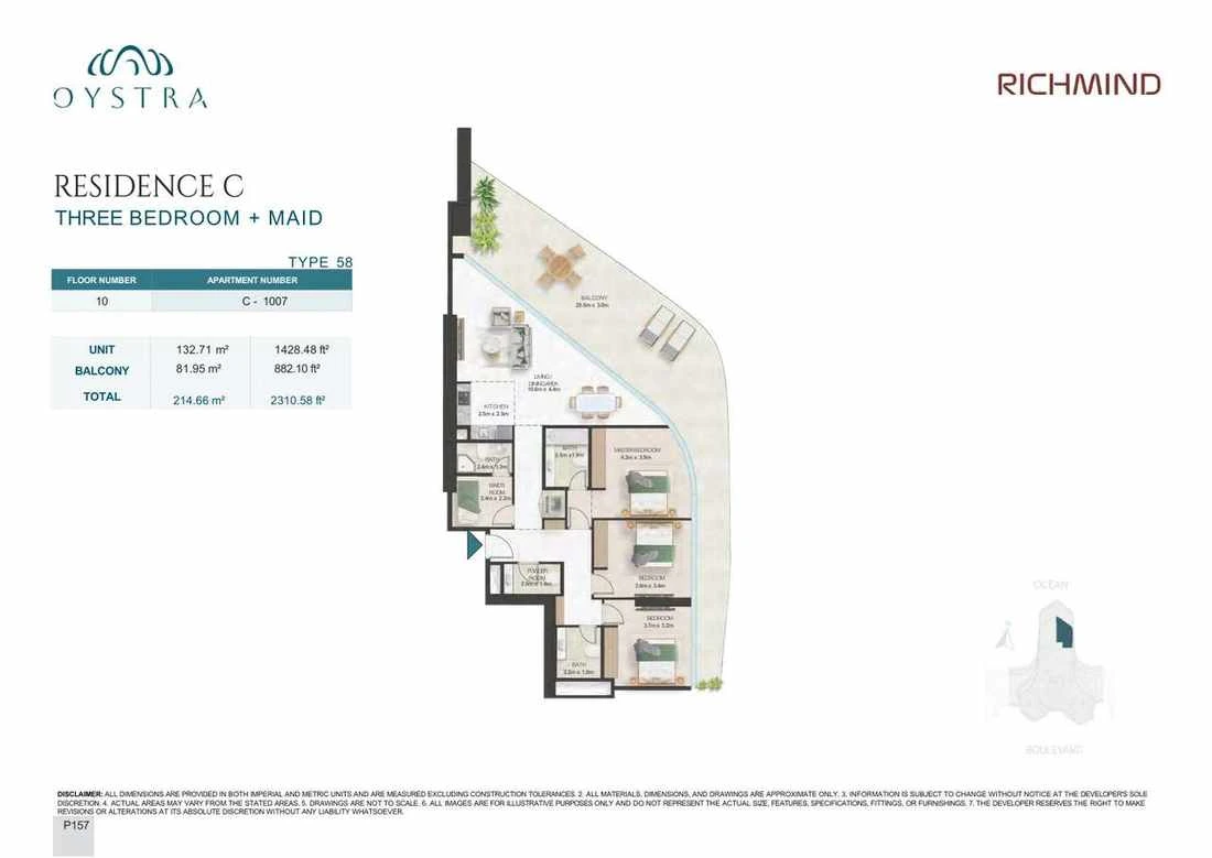 Oystra 3-bedroom Type 58 apartment with maid's room, Apartment C-1007, Floor 10, Residence C, 2,310.58 sq ft floor plan.