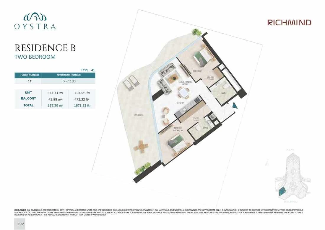 Oystra 2-bedroom Type 41 apartment, Apartment B-1103, Floor 11, Residence B, 1,671.53 sq ft floor plan.