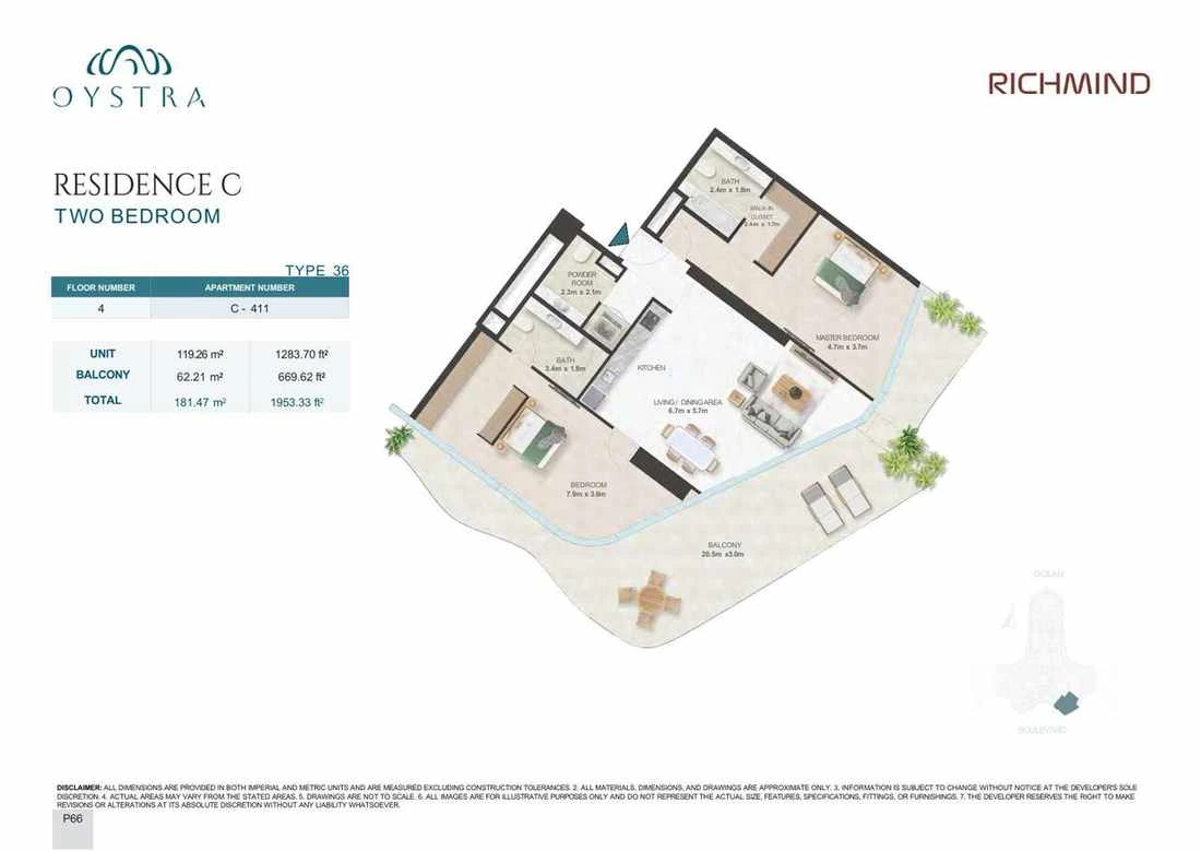 Oystra 2-bedroom Type 36 apartment, Apartment C-411, Floor 4, Residence C, 1,953.33 sq ft floor plan.