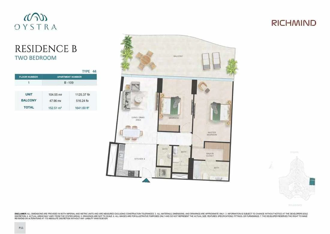 Oystra 2-bedroom Type 44 apartment, Apartment B-109, Floor 1, Residence B, 1,641.60 sq ft floor plan.