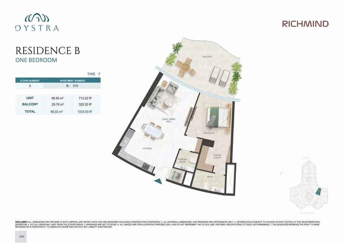 Oystra 1-bedroom Type 7 apartment, Apartment B-315, Floor 3, Residence B, 1,033.55 sq ft floor plan.
