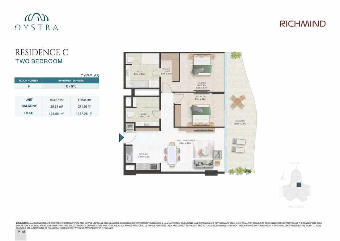 Oystra 2-bedroom Type 65 apartment, Apartment C-910, Floor 9, Residence C, 1,387.25 sq ft floor plan.