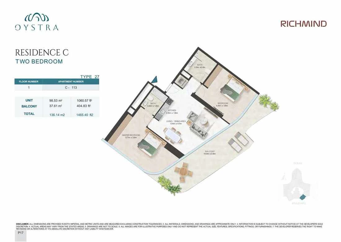 Oystra 2-bedroom Type 27 apartment, Apartment C-113, Floor 1, Residence C, 1,465.40 sq ft floor plan.