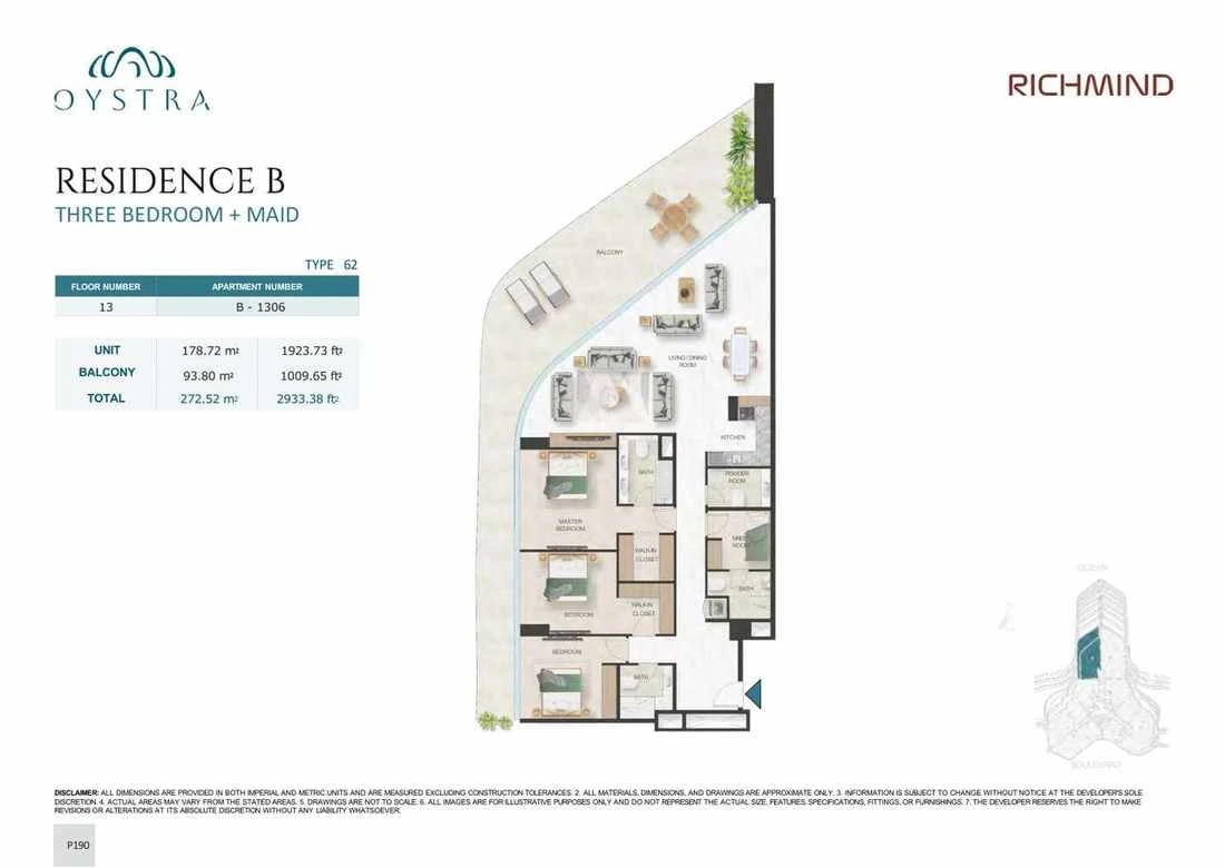 Oystra 3-bedroom Type 62 apartment with maid's room, Apartment B-1306, Floor 13, Residence B, 2,933.38 sq ft floor plan.