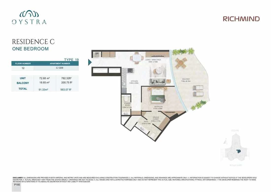 Oystra 1-bedroom Type 19 apartment, Apartment C-1209, Floor 12, Residence C, 983.07 sq ft floor plan.