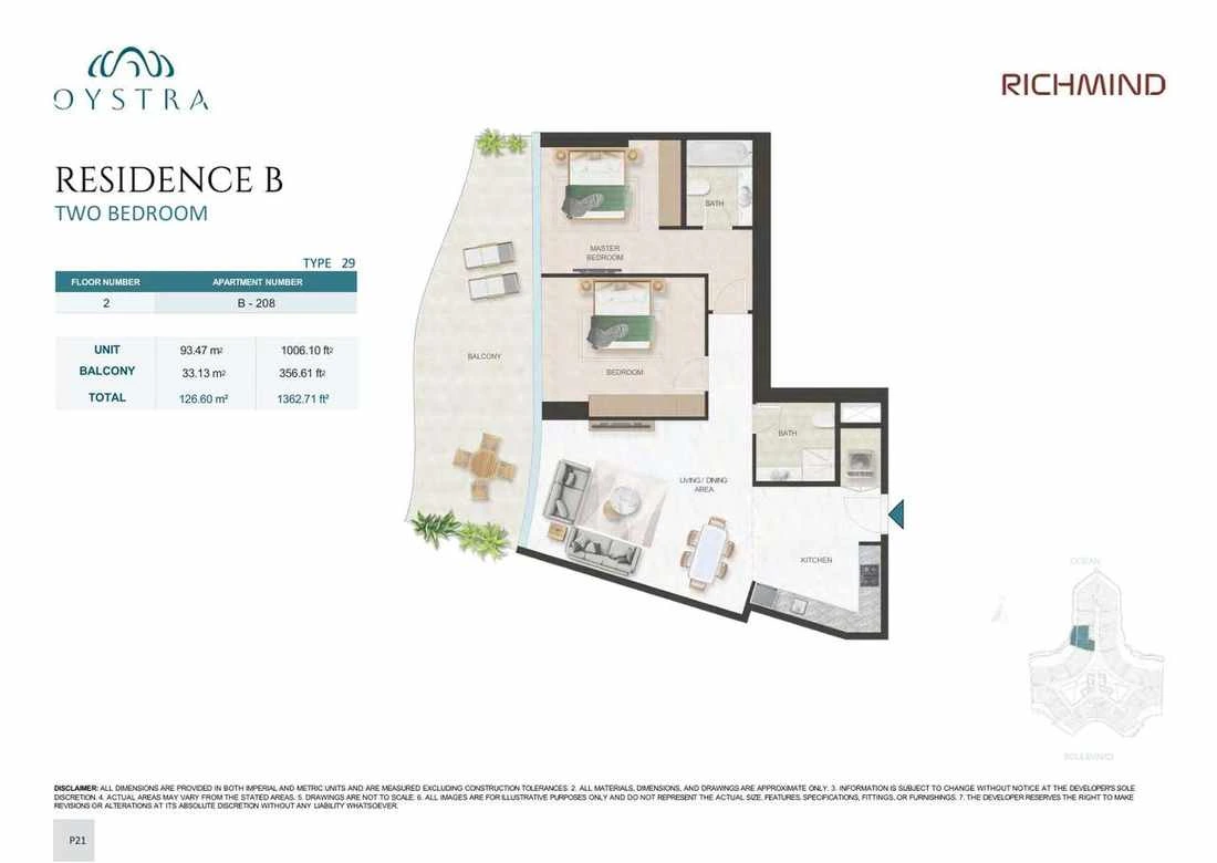 Oystra 2-bedroom Type 29 apartment, Apartment B-208, Floor 2, Residence B, 1,362.71 sq ft floor plan.