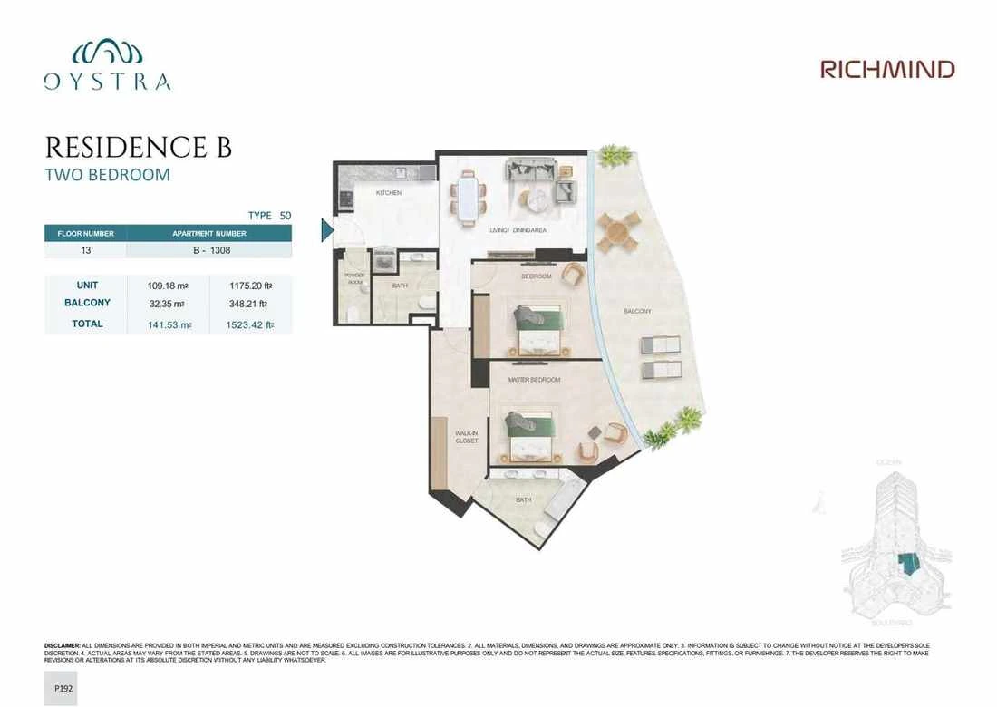 Oystra 2-bedroom Type 50 apartment, Apartment B-1308, Floor 13, Residence B, 1,523.42 sq ft floor plan.