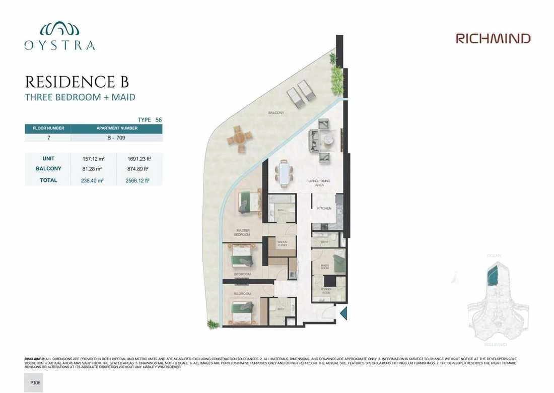 Oystra 3-bedroom Type 56 apartment with maid's room, Apartment B-709, Floor 7, Residence B, 2,566.12 sq ft floor plan.