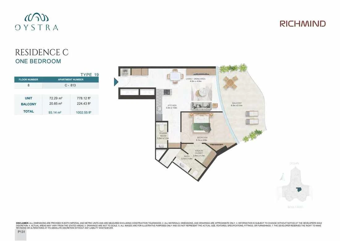 Oystra 1-bedroom Type 19 apartment, Apartment C-813, Floor 8, Residence C, 1,002.55 sq ft floor plan.