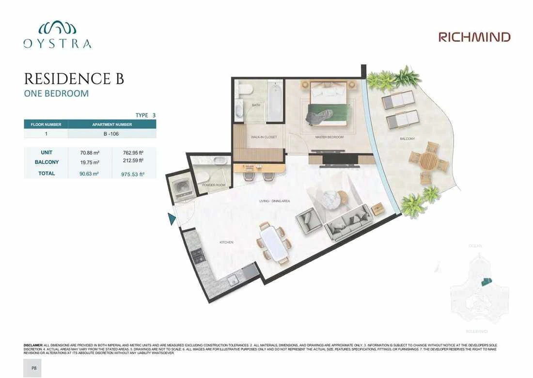 Oystra 1-bedroom Type 3 apartment, Apartment B-106, Floor 1, Residence B, 975.53 sq ft floor plan.