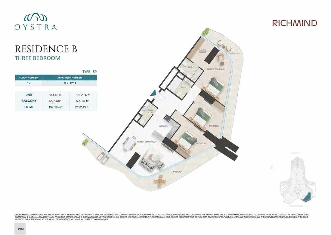 Oystra 3-bedroom Type 59 apartment, Apartment B-1211, Floor 12, Residence B, 2,122.43 sq ft floor plan.