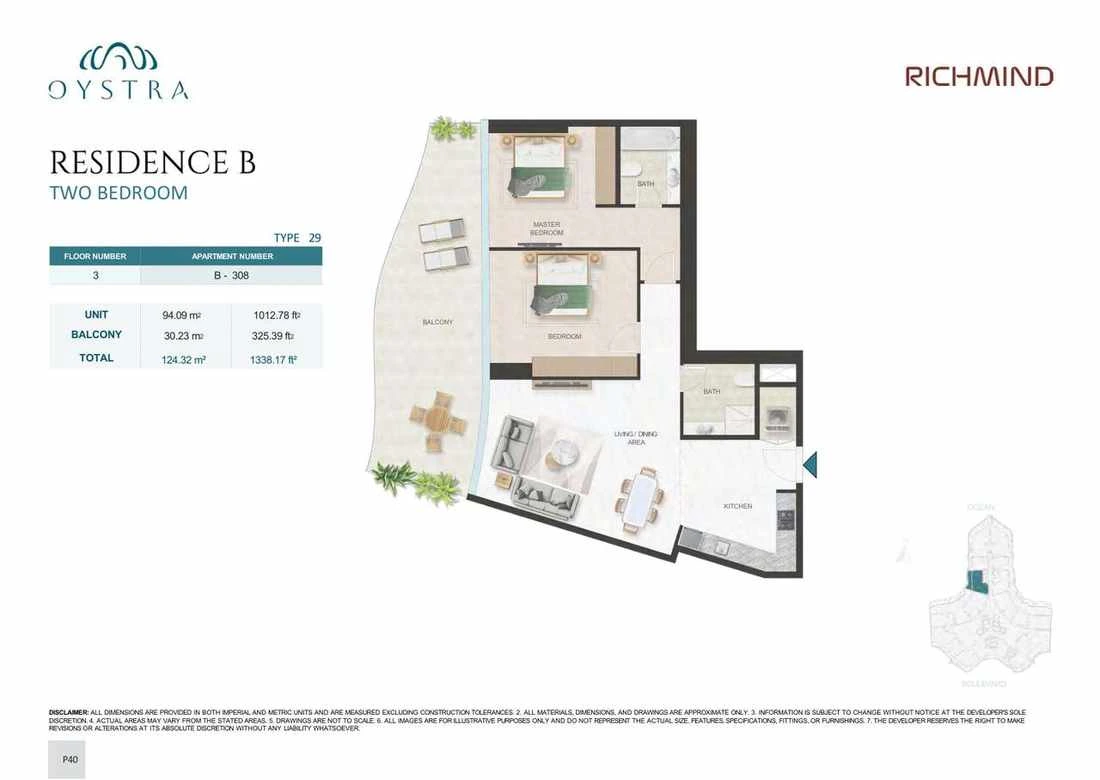 Oystra 2-bedroom Type 29 apartment, Apartment B-308, Floor 3, Residence B, 1,338.17 sq ft floor plan.