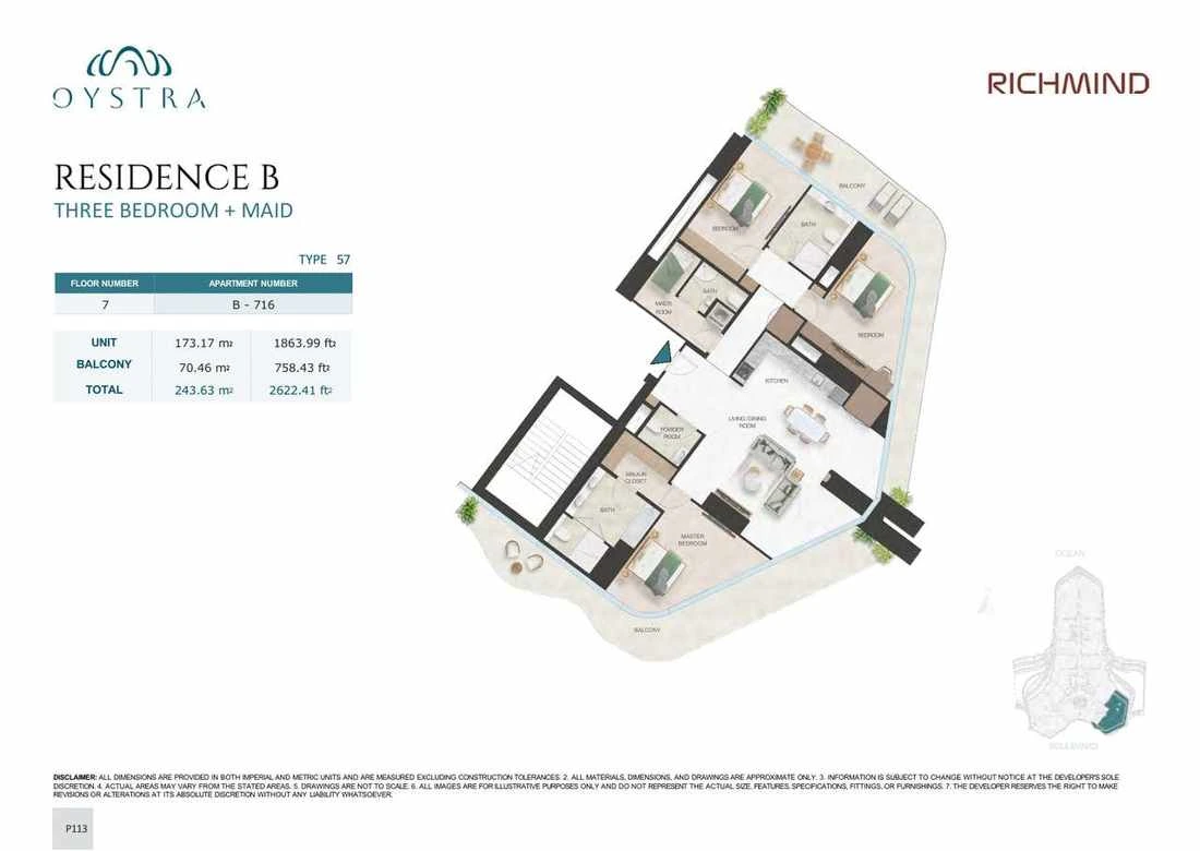 Oystra 3-bedroom Type 57 apartment with maid's room, Apartment B-716, Floor 7, Residence B, 2,622.41 sq ft floor plan.