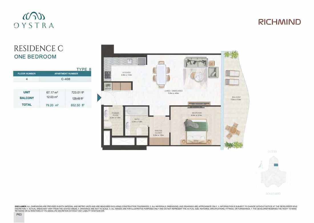 Oystra 1-bedroom Type 8 apartment, Apartment C-408, Floor 4, Residence C, 852.50 sq ft floor plan.