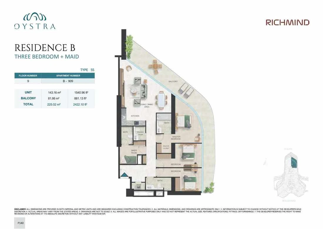 Oystra 3-bedroom Type 55 apartment with maid's room, Apartment B-909, Floor 9, Residence B, 2,422.10 sq ft floor plan.