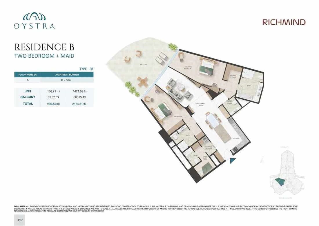 Oystra 2-bedroom Type 38 apartment with maid's room, Apartment B-504, Floor 5, Residence B, 2,134.81 sq ft floor plan.