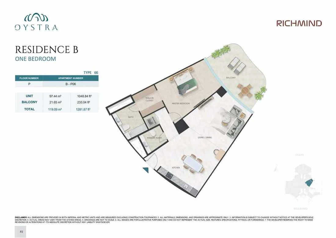 Oystra 1-bedroom Type 66 apartment, Apartment B-P06, Podium, Residence B, 1,281.87 sq ft floor plan.